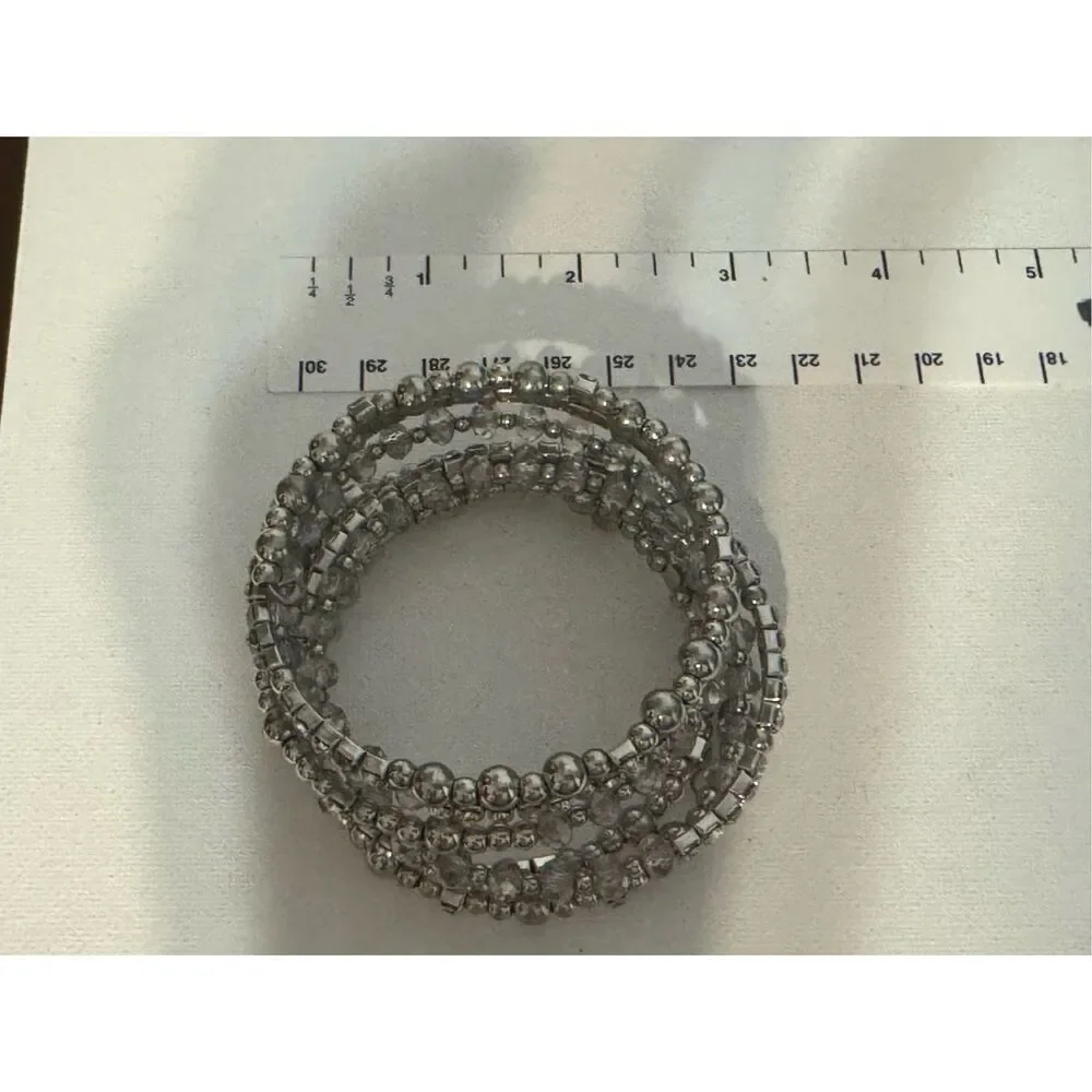 Vintage Y2K Womens Chunky Silver Beaded Rhinestone Slinky Wrap Bracelet Glam 90s